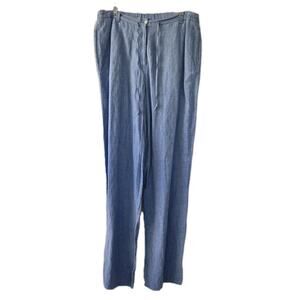 KATE HILL Woman's Size L 100% Linen Pants Relaxed Drawstring Trouser Blue